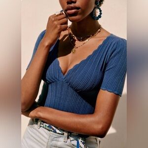 Sezane Blue Ribbed Knit Top